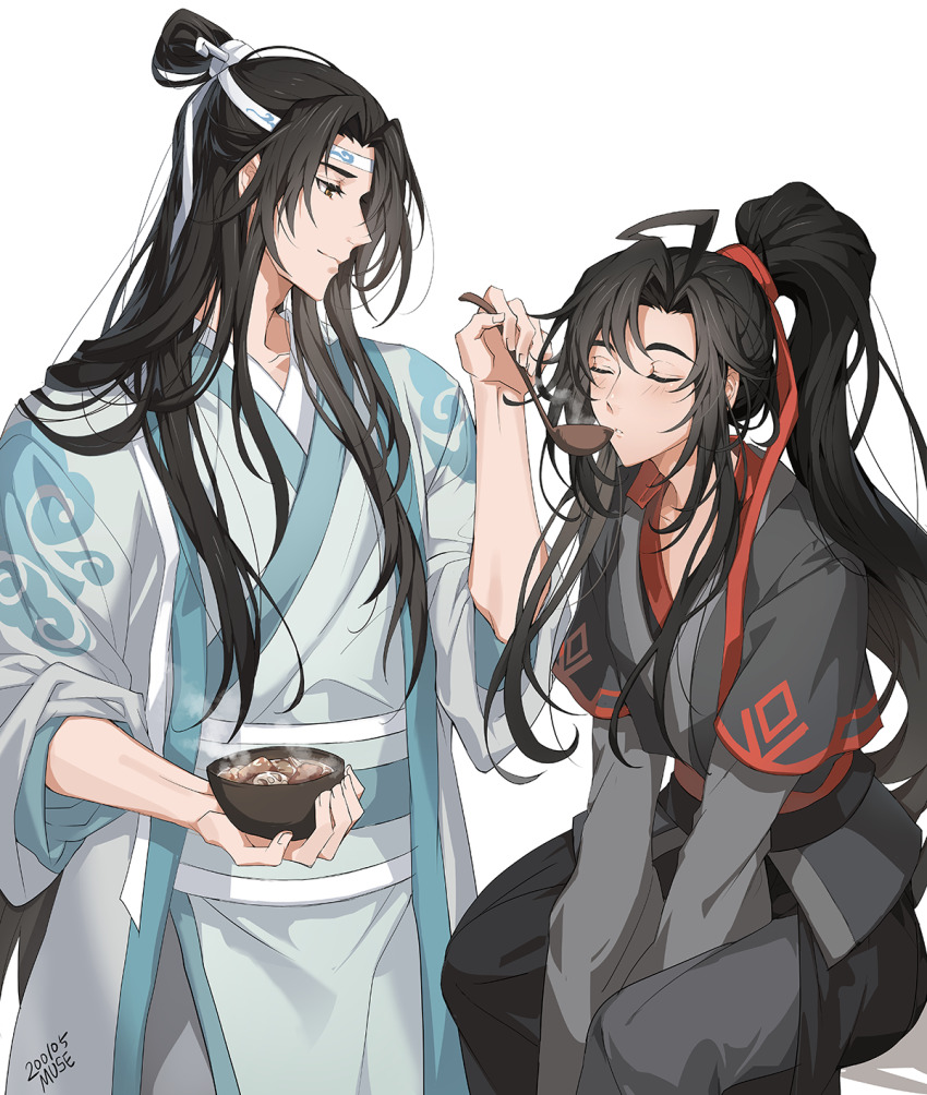 2boys ahoge artist_name black_hair blush bowl brown_eyes chinese_clothes closed_eyes eating feeding food hair_ribbon hand_up headband highres holding holding_bowl ladle lan_wangji long_hair long_sleeves male_focus modao_zushi multiple_boys muse_(rainforest) ponytail red_ribbon ribbon sidelocks sitting smile standing stew very_long_hair wei_wuxian white_background white_headband white_ribbon wide_sleeves