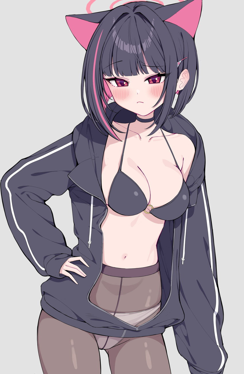 1girl animal_ears bikini black_bikini black_choker black_hair black_hoodie black_pantyhose blue_archive blush breasts cat_choker cat_ears choker closed_mouth colored_inner_hair grey_background hair_behind_ear hair_ornament hairclip halo hand_on_own_hip highres hood hoodie kazusa_(blue_archive) long_sleeves looking_at_viewer medium_hair metaljelly multicolored_hair navel o-ring o-ring_top open_clothes open_hoodie panties panties_under_pantyhose pantyhose pink_eyes pink_hair pink_halo simple_background sleeves_past_wrists solo stomach swimsuit thighs two-tone_hair underwear white_panties