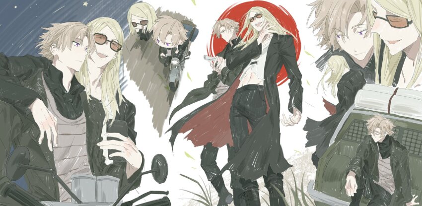 23hr55min 2boys black_coat black_pants blue_eyes coat daybit_sem_void fate/grand_order fate_(series) highres long_hair multiple_boys pants purple_eyes sunglasses tezcatlipoca_(fate)