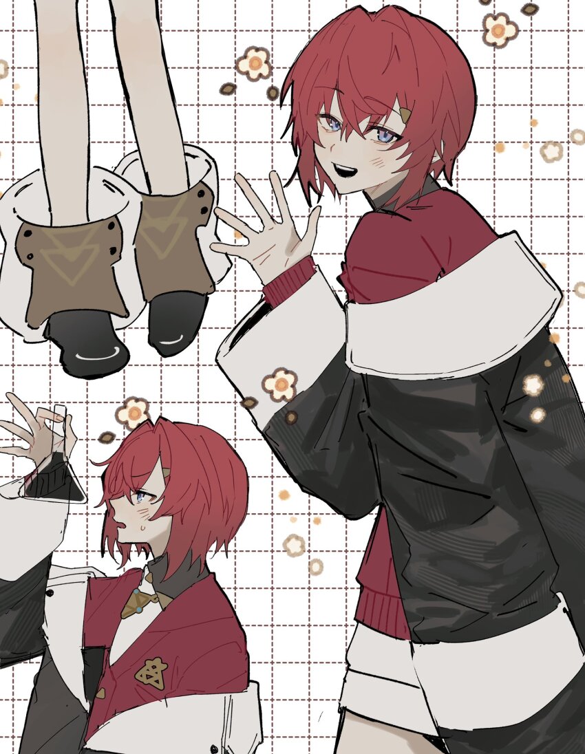 1girl ange_katrina ange_katrina_(1st_costume) ankle_boots black_boots black_coat blue_eyes boots cardigan coat crossed_bangs dotted_line dress erlenmeyer_flask flask flat_chest flower grid_background hair_between_eyes hair_intakes hand_up hashtag-only_commentary highres holding holding_flask long_sleeves looking_at_object looking_at_viewer multiple_views muu_010 nijisanji off_shoulder open_mouth red_cardigan red_hair short_dress short_hair smile teeth upper_teeth_only virtual_youtuber waving white_dress