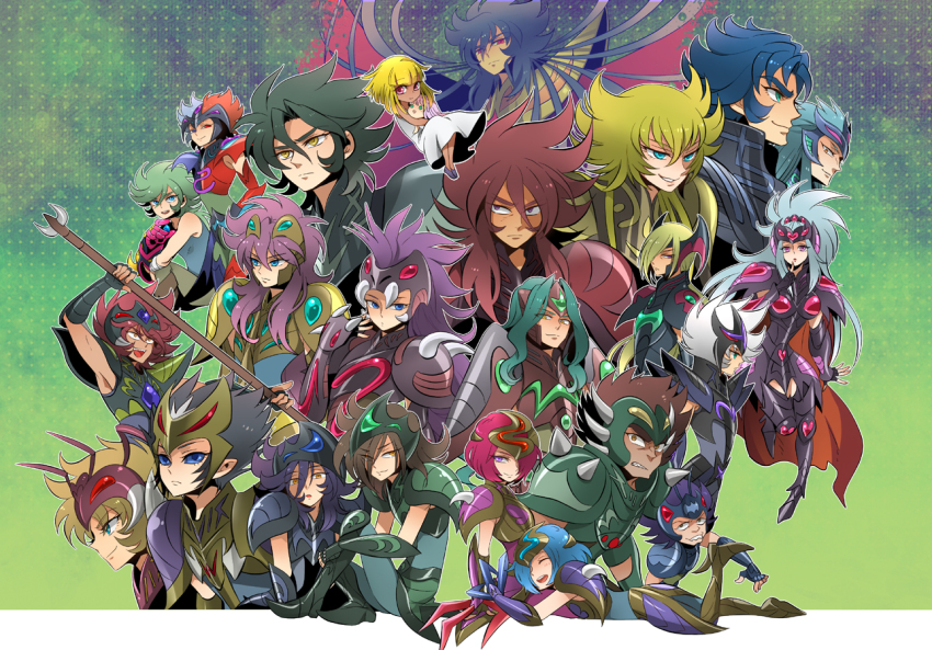 10s aegaeon_(saint_seiya_omega) armor army artist_request black_hair blonde_hair blue_eyes blue_hair boots cape chakram_europa dark_skin doll dress full_armor gallia_(saint_seiya_omega) gemini_paradox green_eyes happy helmet hyperion_(saint_seiya_omega) kido_saori_(doll) long_hair looking_at_viewer multiple_boys multiple_girls pallas red_eyes red_hair saint_seiya saint_seiya_omega saturn_(saint_seiya_omega) serious short_hair smile team titan_(saint_seiya_omega) weapon