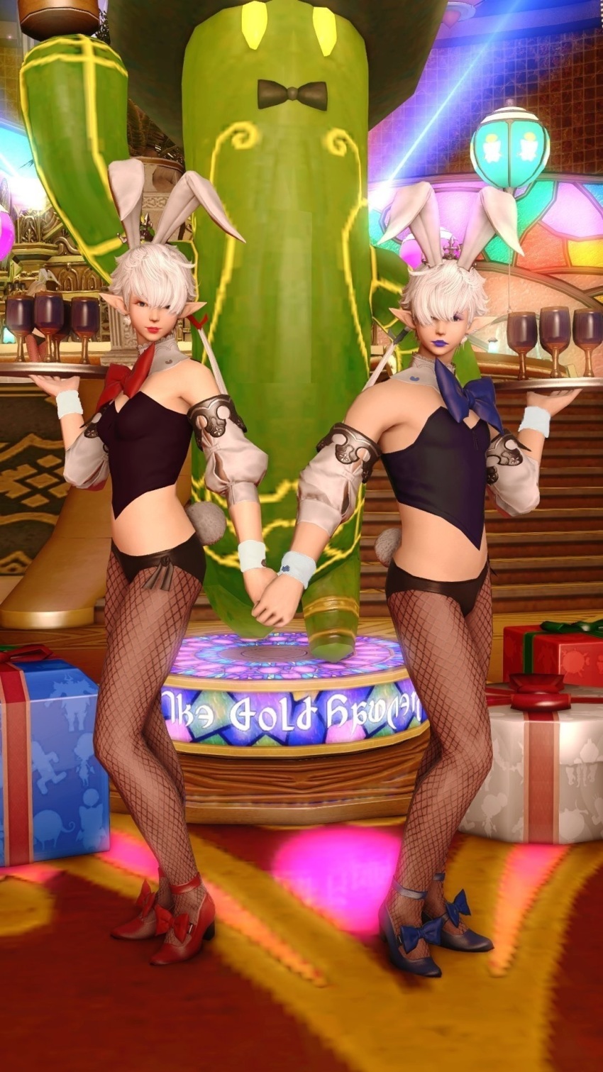 1boy 1girl 3d alisaie_leveilleur alphinaud_leveilleur artist_request bow bowtie brother_and_sister crossdressing drink elezen elf gift high_heels highres holding_hands jewelry leotard lipstick looking_at_viewer makeup male_playboy_bunny playboy_bunny pointy_ears ponytail rabbit_ears rabbit_tail short_hair siblings tight_clothes twins white_hair