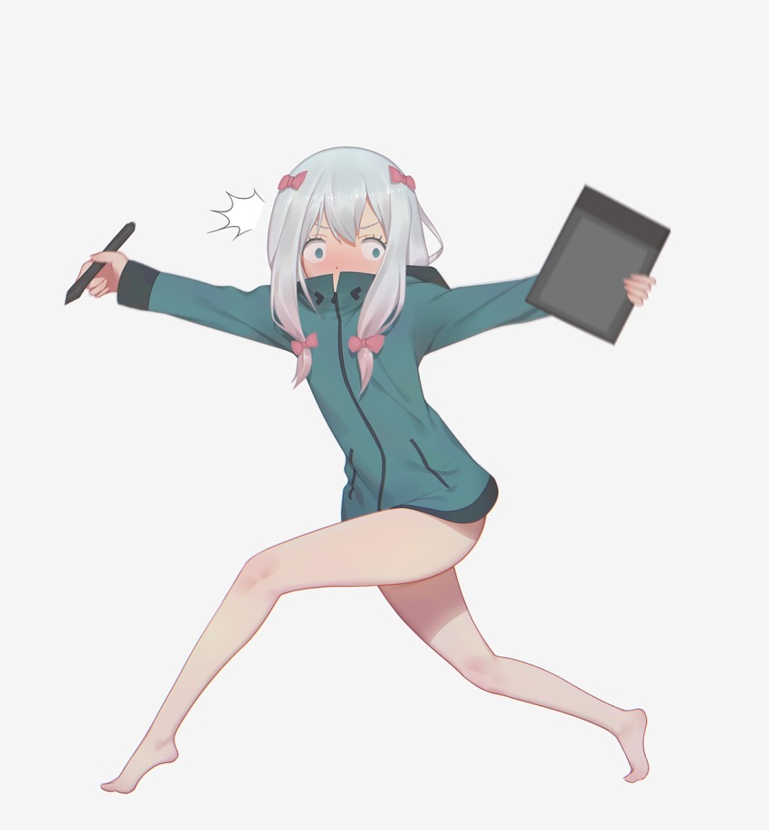 1girl blue_eyes blush bow drawing_tablet eromanga_sensei female_focus full_body green_jacket highres izumi_sagiri jacket pink_bow silver_hair solo xini_m