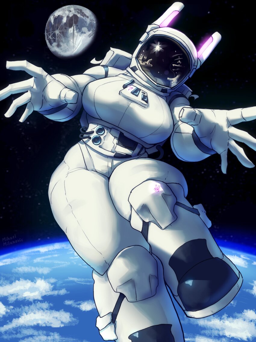 1girl absurdres astronaut breasts earth_(planet) helmet highres huge_breasts large_breasts mihael_milanovic moon original outstretched_arms planet solo space space_helmet spacesuit thick_thighs thighs