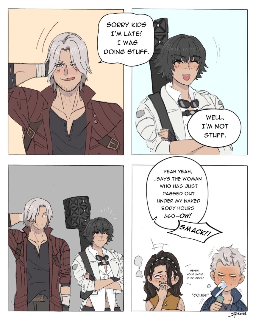 2boys 2girls beard_stubble black_gloves black_hair black_shirt blue_eyes blue_jacket blush closed_eyes coat crossed_arms dante_(devil_may_cry) devil_may_cry_(series) devil_may_cry_5 facial_hair fingerless_gloves glasses gloves goggles goggles_around_neck hand_in_own_hair highres jacket jumpoon kalina_ann_(weapon) lady_(devil_may_cry) long_hair midriff multiple_boys multiple_girls nero_(devil_may_cry) nico_(devil_may_cry) red_coat rocket_launcher scar scar_on_face scar_on_nose shirt short_hair signature smile speech_bubble stubble weapon white_hair white_jacket white_shirt