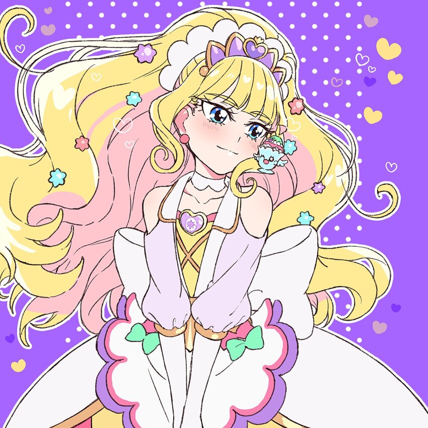 1girl apron back_bow blonde_hair blue_eyes blunt_bangs bow choker commentary_request cure_finale delicious_party_precure earrings hair_ornament high_ponytail highres huge_bow jewelry kasai_amane long_hair magical_girl ponytail precure recipipi smile solo star_(symbol) star_hair_ornament white_bow white_choker wide_ponytail yufu_kyouko