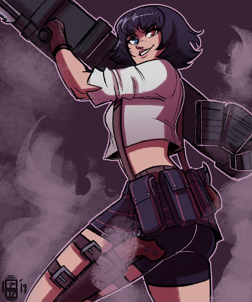 1girl absurdres bike_shorts black_hair devil_may_cry devil_may_cry_(series) devil_may_cry_3 gloves heterochromia highres holding holding_rocket_launcher holding_weapon kalina_ann_(weapon) lady_(devil_may_cry) midriff rocket_launcher scruffyturtles shirt short_hair signature smirk weapon white_shirt