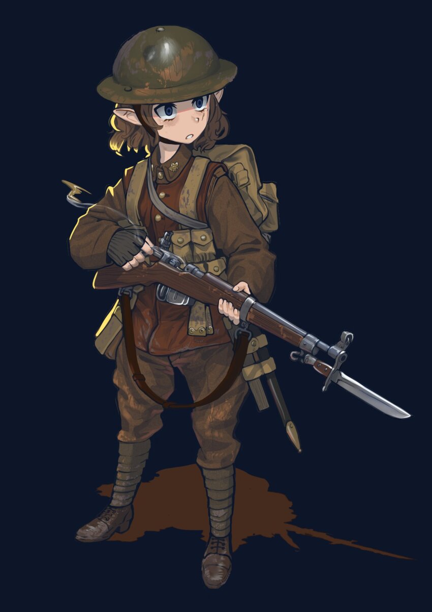 1girl ammunition ammunition_pouch ankle_lace-up backpack bag bayonet belt blue_eyes bolt_action boots brodie_helmet brown_boots brown_hair brown_jacket brown_pants bullet buttons canada canadian_army casing_ejection chin_strap combat_helmet commentary commission elf entrenching_tool erica_(naze1940) fingerless_gloves full_body gloves gun gun_sling helmet highres holding holding_gun holding_weapon jacket lace-up_boots leg_wrap load_bearing_equipment long_sleeves medium_hair military military_uniform open_mouth original pants pointy_ears pouch puttee rifle ross_rifle shadow shell_casing simple_background soldier solo standing teeth weapon world_war_i