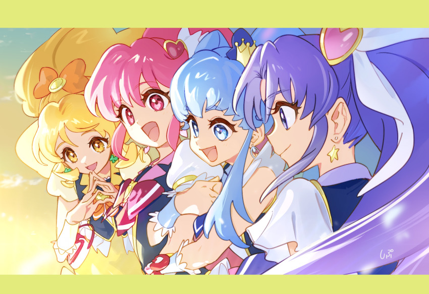 4girls :d aino_megumi black_vest blonde_hair blue_eyes blue_hair border bow closed_mouth crown cure_fortune cure_honey cure_lovely cure_princess earrings floating_hair grabbing_another&#039;s_arm hair_bow hair_ornament happinesscharge_precure! heart heart_hair_ornament highres hikawa_iona jewelry letterboxed long_hair mini_crown multiple_girls oomori_yuuko open_mouth orange_bow pink_hair ponytail precure purple_eyes purple_hair red_eyes shipu_(gassyumaron) shirayuki_hime short_sleeves sketch smile star_(symbol) star_earrings very_long_hair vest white_sleeves yellow_border yellow_eyes