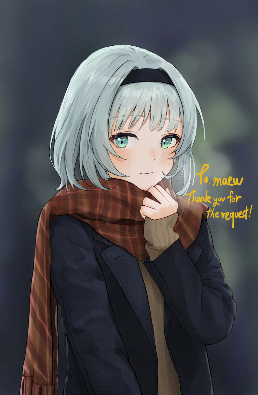 1girl alternate_costume black_hairband black_jacket brown_sweater commentary commission english_commentary flat_chest green_eyes grey_hair hairband highres jacket kamishiro_rita long_sleeves looking_at_viewer looking_to_the_side non09_24 plaid_clothes plaid_scarf prism_project red_scarf scarf short_hair skeb_commission sleeves_past_wrists smile solo sweater upper_body virtual_youtuber