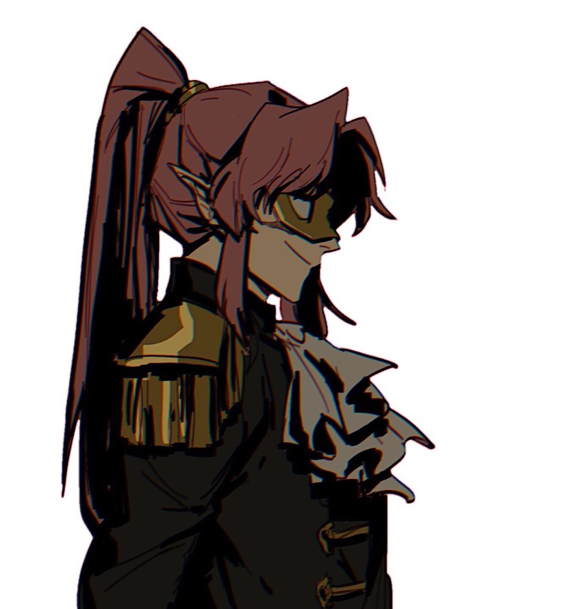 1boy androgynous ascot chinese_commentary coat commentary_request dream_smp epaulettes formal_clothes from_side highres humanization long_hair male_focus mask minecraft_youtube pink_hair pointy_ears ponytail profile sakamoto_tatsuko sir_billiam_iii smile solo tales_from_the_smp upper_body white_background