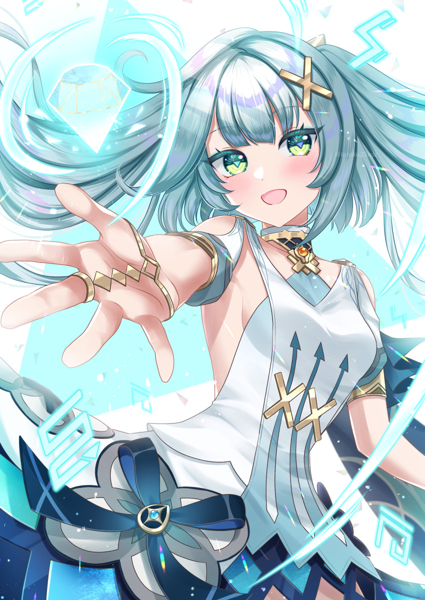 1girl :d absurdres aqua_hair backless_dress backless_outfit blush breasts clothing_cutout cowboy_shot dress faruzan_(genshin_impact) gem genshin_impact green_eyes hair_ornament highres long_hair looking_at_viewer open_mouth outstretched_arm shoulder_cutout sleeveless small_breasts smile solo symbol-shaped_pupils tateko25wiz triangle-shaped_pupils twintails twitter_username white_dress x_hair_ornament