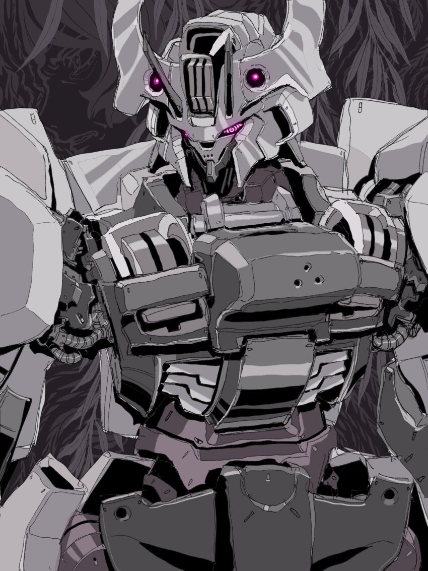 antennae black_background gundam gundam_schwarzette gundam_suisei_no_majo highres mecha mecha_focus mechabare mobile_suit no_humans orrdriver pink_eyes plant robot science_fiction simple_background solo