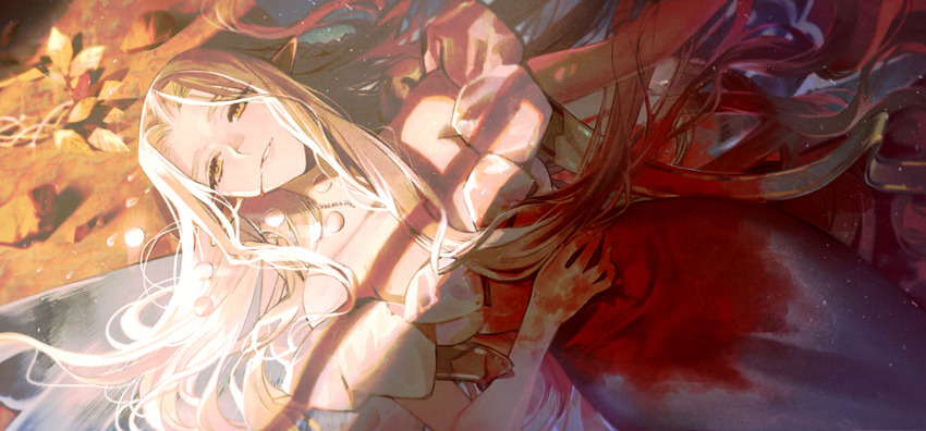 1girl aurora_(fate) avalon_le_fae_(fate/grand_order) bleeding blonde_hair blood blood_on_clothes blood_on_face blood_on_hands dress fairy_wings fate/grand_order fate_(series) game_cg hand_on_own_stomach injury jewelry large_variant_set long_hair looking_at_viewer lying necklace off_shoulder official_art on_back pointy_ears rainbow_wings solo taa_(acid) variant_set white_dress wings yellow_eyes