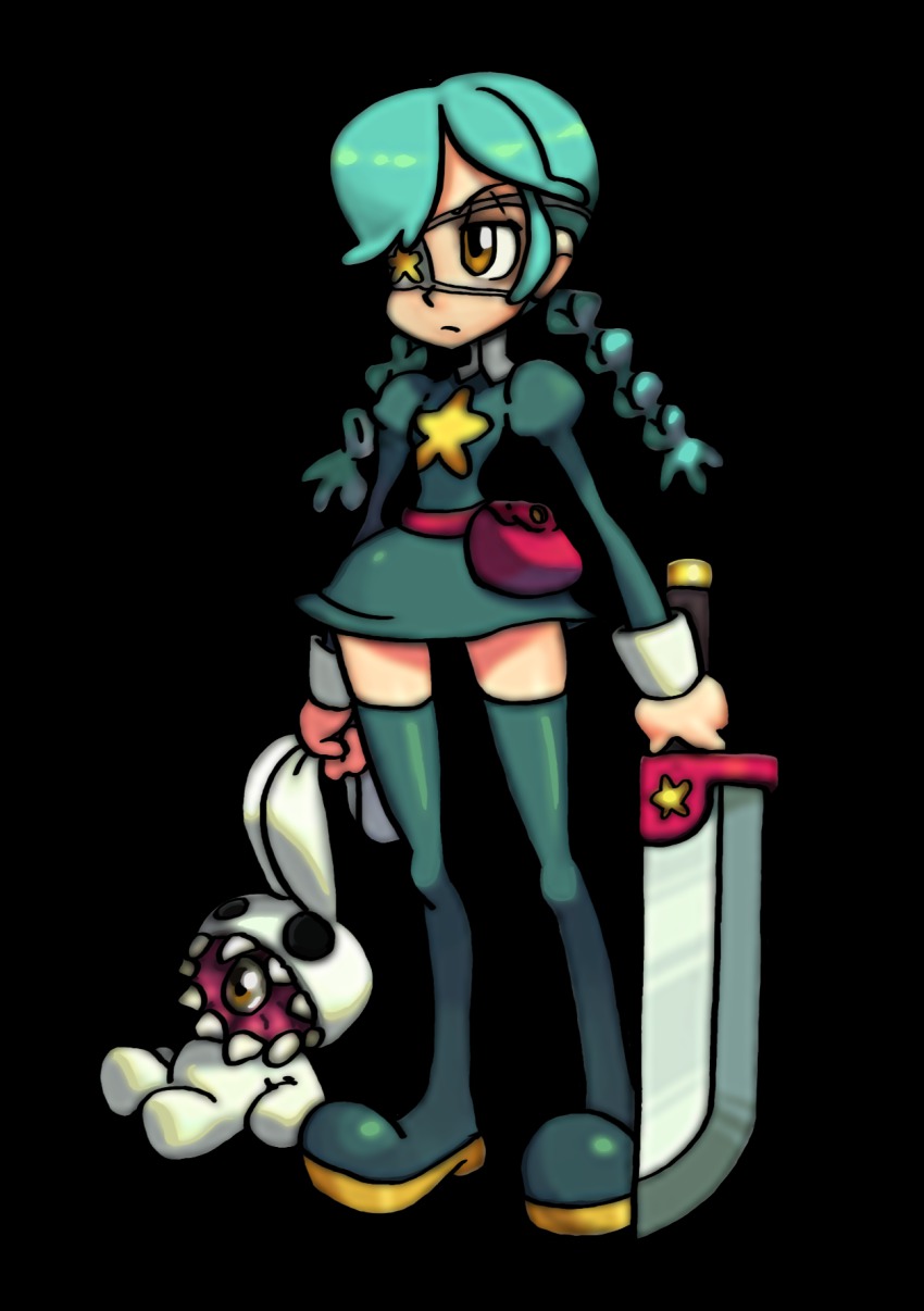 1girl alex_ahad_(style) annie_(skullgirls) belt belt_pouch boots braid child dress eyeball eyepatch female_focus frown green_hair highres long_sleeves pouch puffy_long_sleeves puffy_sleeves sagan_(skullgirls) sharp_teeth short_dress skullgirls solo southpawper stuffed_animal stuffed_rabbit stuffed_toy sword teeth thigh_boots thighhighs transparent_background twin_braids weapon yellow_eyes
