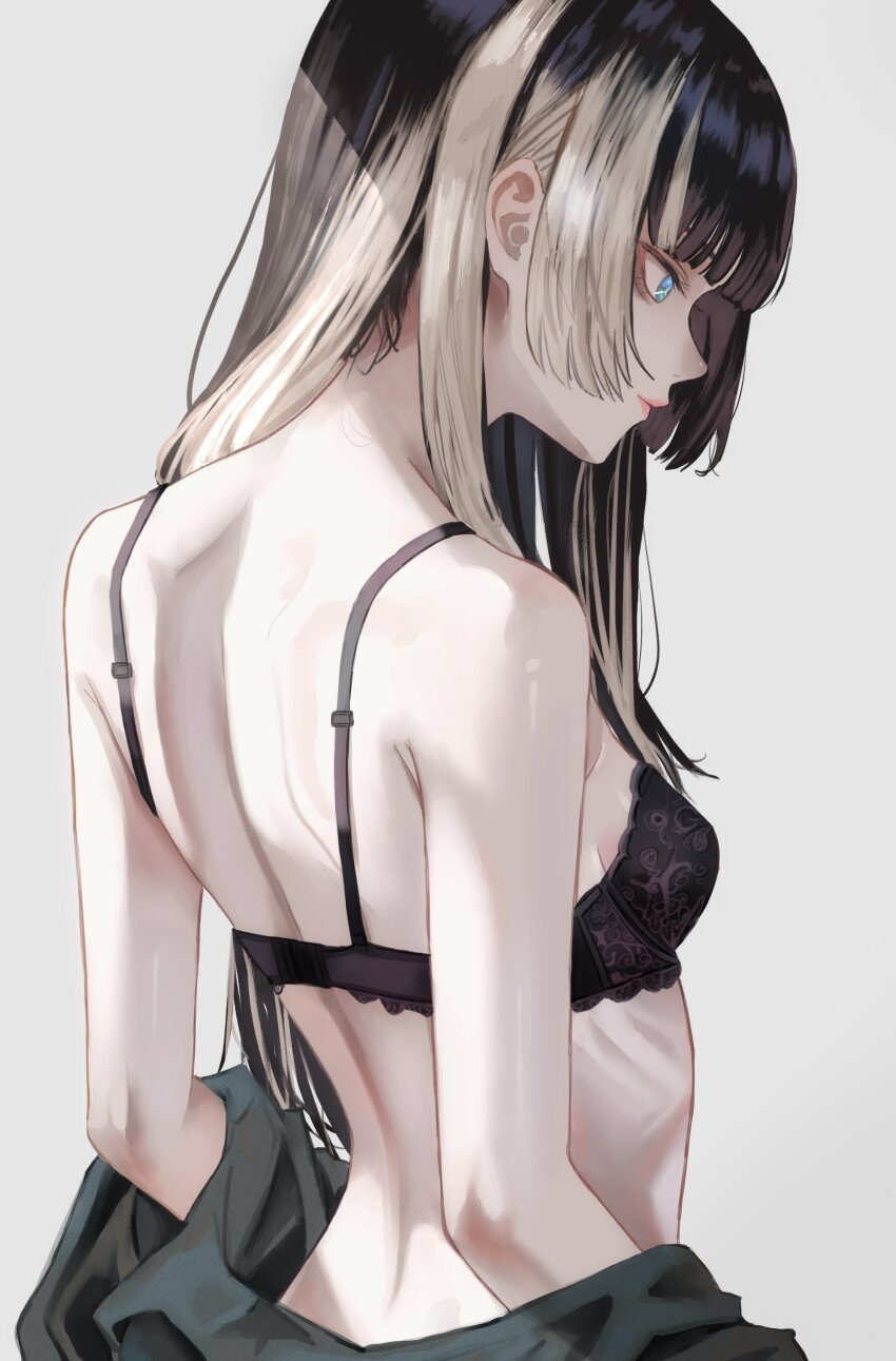 1girl absurdres back black_bra black_hair blue_eyes bra dhbwinner from_behind grey_hair highres hololive hololive_dev_is juufuutei_raden lace lace-trimmed_bra lace_trim long_hair multicolored_hair simple_background solo two-tone_hair underwear virtual_youtuber white_background