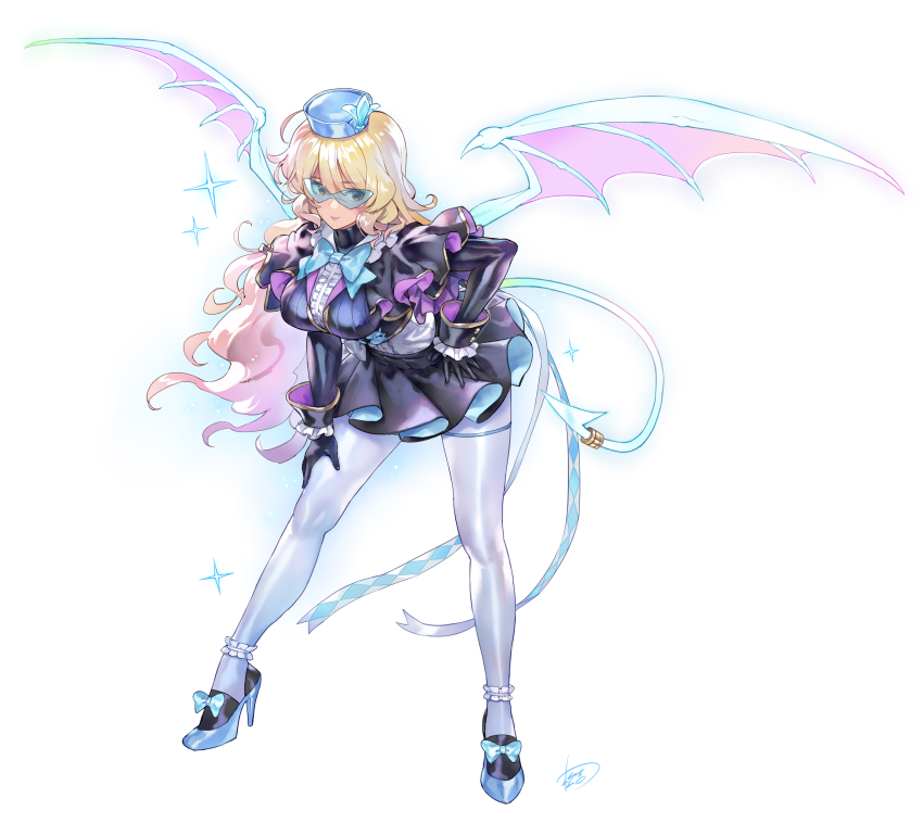 1girl absurdres black_gloves blonde_hair blue-tinted_eyewear blue_bow bow cosplay demon_tail demon_wings evil_twin_lil-la evil_twin_lil-la_(cosplay) full_body gloves gold_trim hair_between_eyes hand_on_own_hip hand_on_own_thigh hat high_heels highres leaning_forward lil-la_(yu-gi-oh!) long_hair matsuda_(matsukichi) pantyhose red_eyes shirt solo tail tinted_eyewear touhou two-sided_fabric two-sided_skirt watatsuki_no_toyohime white_pantyhose white_shirt wings yu-gi-oh!