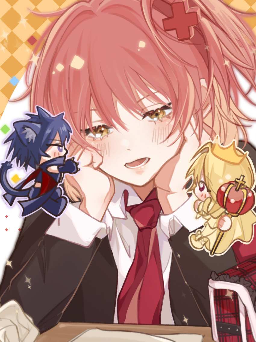 1girl 2boys 309425413 animal_ears black_lynx blonde_hair blush cat_boy cat_ears cat_tail chibi crown half_updo head_rest highres hinamori_amu holding holding_scepter hotori_tadase multiple_boys open_mouth orange_eyes pink_hair platinum_royale red_eyes scepter shugo_chara! smile tail tsukiyomi_ikuto