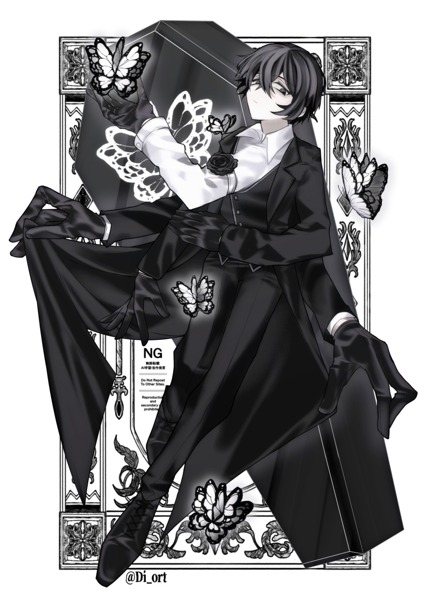 1boy absurdres animal_print black_butterfly black_coat black_eyes black_gloves black_hair black_sleeves border bowing bug butterfly coat coffin diort double-parted_bangs e.g.o_(project_moon) extra_arms full_body gloves hair_between_eyes hand_on_own_arm highres insect knees_together_feet_apart large_hands limbus_company looking_at_viewer male_focus project_moon solemn_lament_(e.g.o) solo white_border white_butterfly white_sleeves yi_sang_(project_moon)