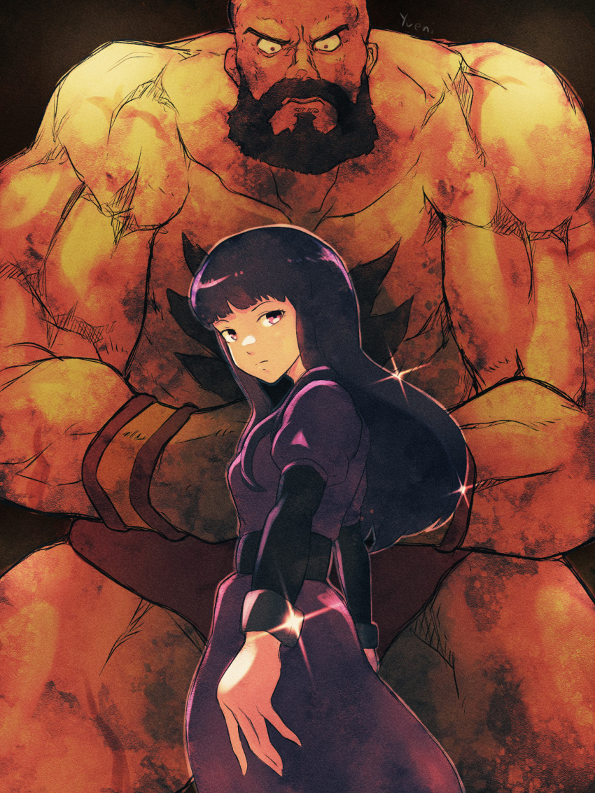 1boy 1girl beard blunt_bangs dress facial_hair full_beard high_score_girl highres looking_at_viewer muscular muscular_male oono_akira panties pectorals purple_dress purple_hair red_eyes red_panties shredded_muscles street_fighter topless_male underwear veins veiny_arms yuenibushi zangief