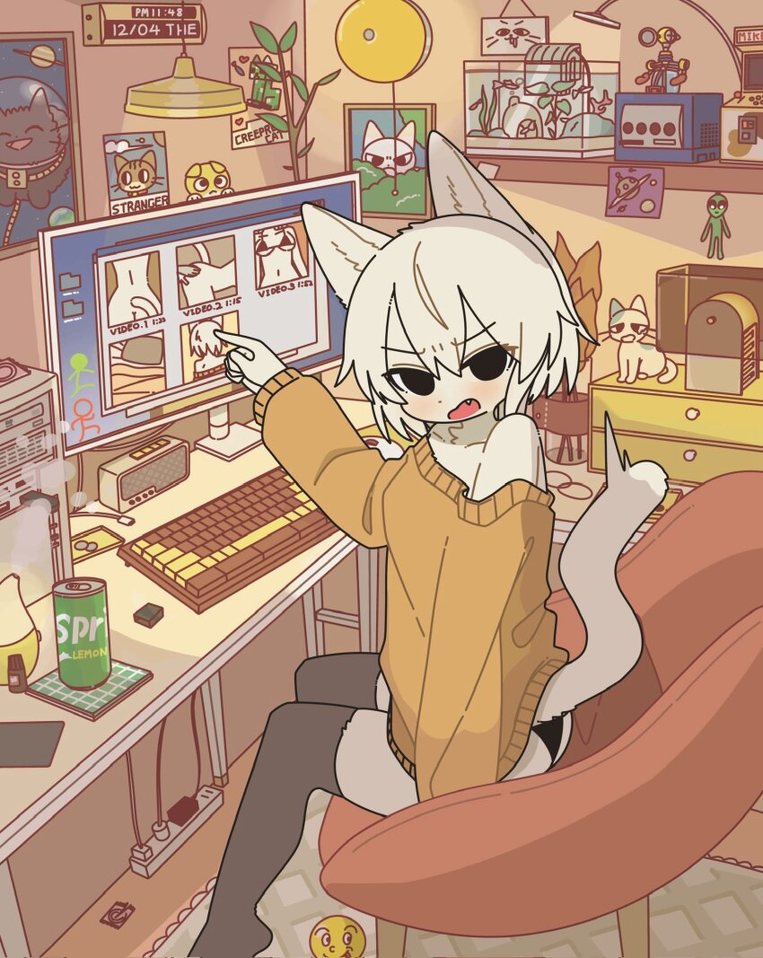 1girl absurdly_detailed_composition alien angry animal_ear_fluff animal_ears aquarium black_panties black_thighhighs can cat cat_ears cat_girl cat_tail chair computer_keyboard creeper dated desk drink_can fang fish from_side game_console gamecube hair_between_eyes highres loaded_interior looking_at_viewer mike_no_hito monitor no_pupils no_shoes on_chair original panties pointing power_strip shikaru_neko shikaru_neko_(character) short_hair single_bare_shoulder sitting soda_can sprite_(drink) sweater tail thighhighs thong underwear yellow_sweater