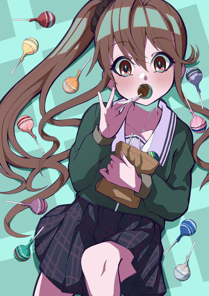 1girl 22/7 bag black_scrunchie black_skirt blush brown_eyes brown_hair candy collarbone cowboy_shot floating_hair food green_background green_shirt hair_ornament hair_scrunchie high_side_ponytail highres holding holding_bag holding_candy holding_food holding_lollipop leg_up lionmaru0808 lollipop long_hair long_sleeves looking_at_viewer paper_bag plaid_clothes plaid_skirt pleated_skirt rokubanchou_school_uniform sailor_collar school_uniform scrunchie serafuku shirt sidelocks skirt solo toda_jun white_sailor_collar winter_uniform