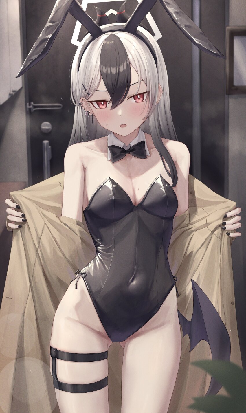 1girl absurdres alternate_costume animal_ear_hairband animal_ears black_hair black_horns black_leotard blue_archive bow bowtie coat covered_navel cowboy_shot demon_horns demon_wings detached_collar earclip fake_animal_ears gluteal_fold grey_halo hairband halo highleg highleg_leotard highres horns huran_tea kayoko_(blue_archive) leotard long_hair looking_at_viewer multicolored_hair nail_polish open_clothes open_coat pantyhose playboy_bunny rabbit_ear_hairband rabbit_ears single_wing solo strapless strapless_leotard thigh_gap two-tone_hair white_hair wings