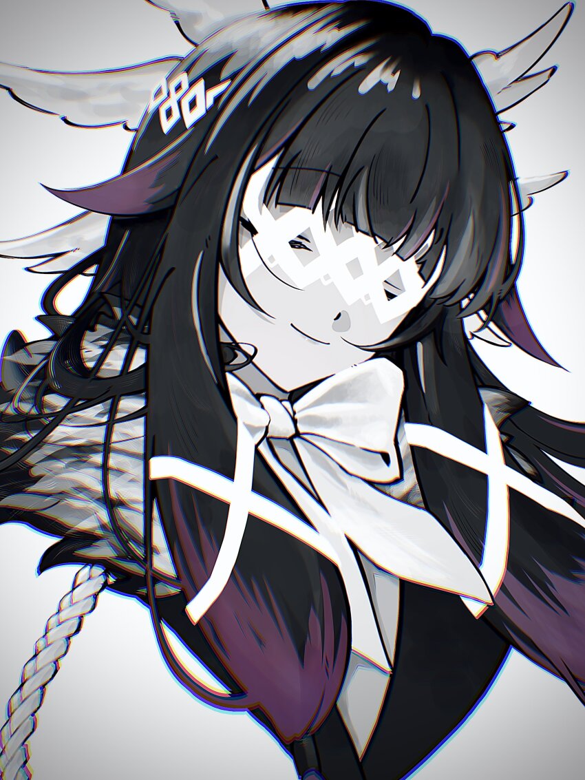 1girl absurdres closed_eyes closed_mouth columbina_(genshin_impact) eye_mask feathered_wings genshin_impact hair_ornament head_wings hechima_kana highres mask multicolored_hair multiple_wings smile solo upper_body white_mask white_wings wing_hair_ornament wings x-shaped_eyewear