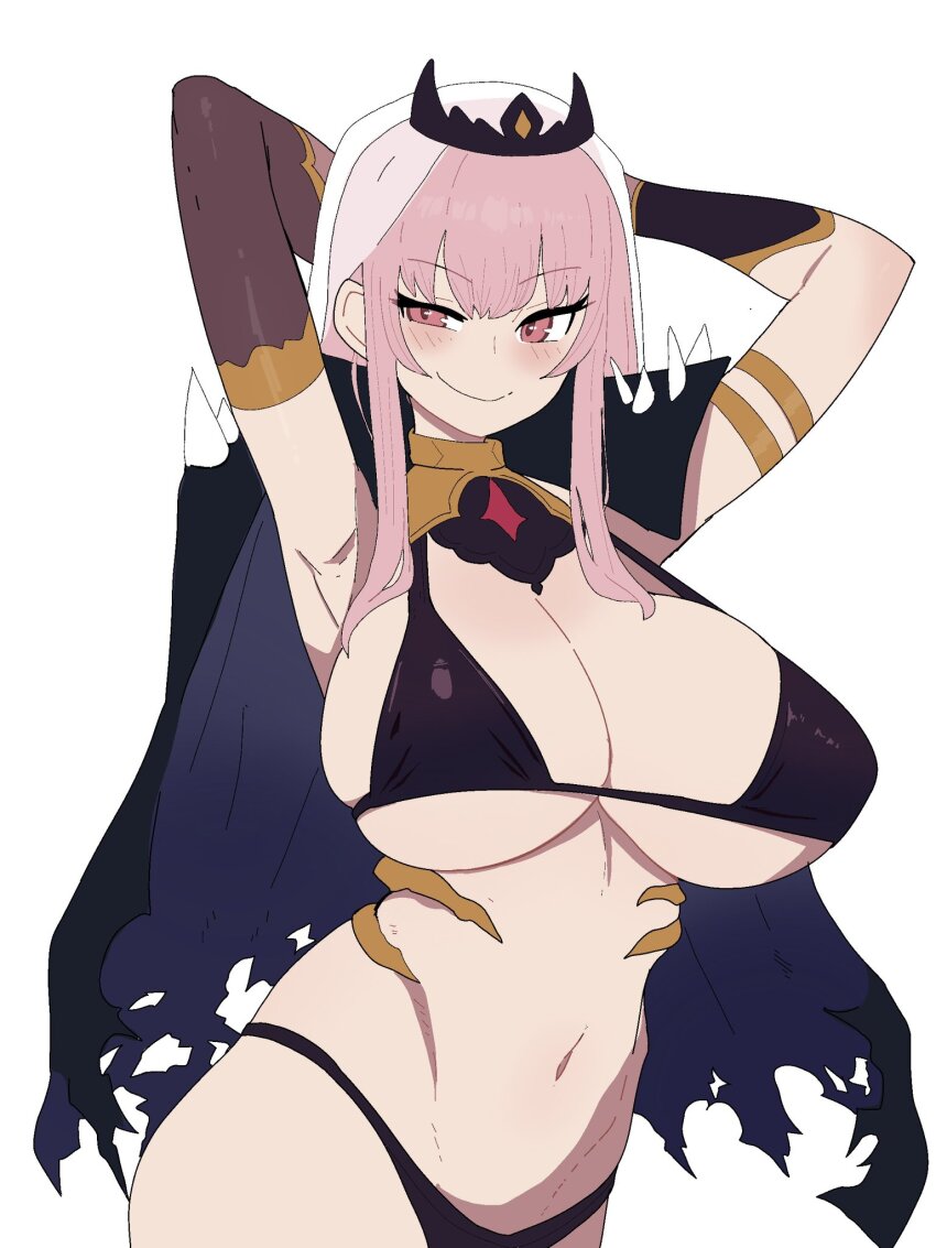 armband armpits arms_up ass bikini black_bikini breasts cape fruithead gloves highres hololive large_breasts mori_calliope navel pink_eyes pink_hair stomach swimsuit