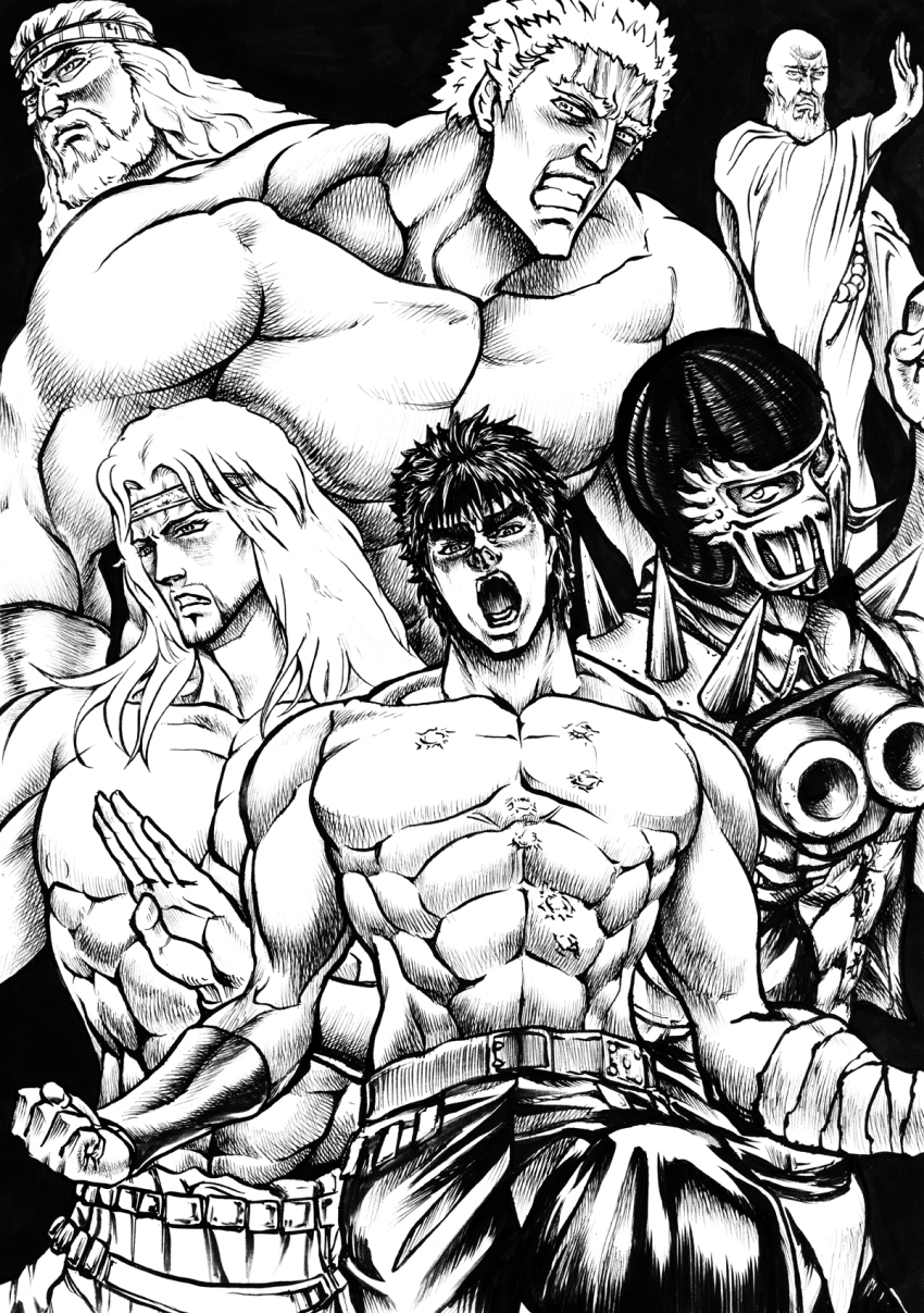 6+boys greyscale gun helmet highres hokuto_no_ken jagi kenshiro koryu_(hokuto_no_ken) male_focus manly mask monochrome multiple_boys muscular raoh raoh_(hokuto_no_ken) ryuken_(hokuto_no_ken) sawed-off_shotgun scar shotgun sword-dream toki_(hokuto_no_ken) topless_male weapon