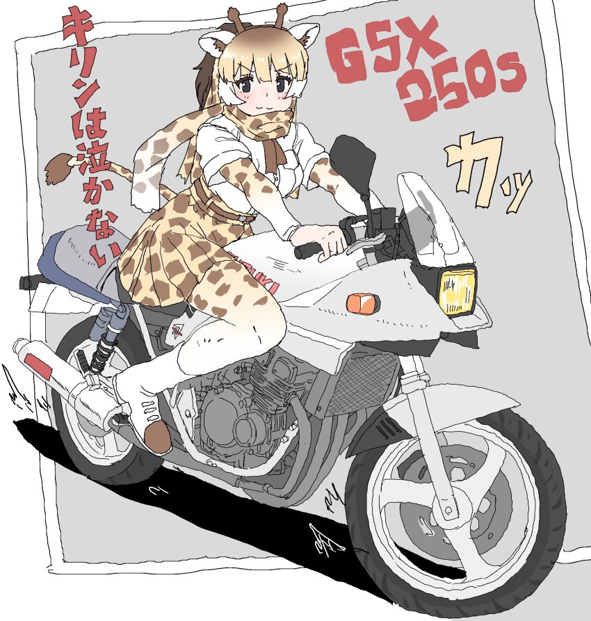 1girl :3 animal_ears animal_print blonde_hair blush boots brown_eyes brown_hair brown_necktie giraffe_ears giraffe_girl giraffe_horns giraffe_print giraffe_tail gradient_pantyhose hair_between_eyes high-waist_skirt highres horns kemono_friends kumasyan1998 long_hair long_sleeves motor_vehicle motorcycle multicolored_hair necktie pantyhose pleated_skirt print_pantyhose print_scarf print_skirt print_sleeves reticulated_giraffe_(kemono_friends) scarf shirt short_sleeves sidelocks skirt solo t-shirt tail translation_request white_boots white_shirt yellow_skirt