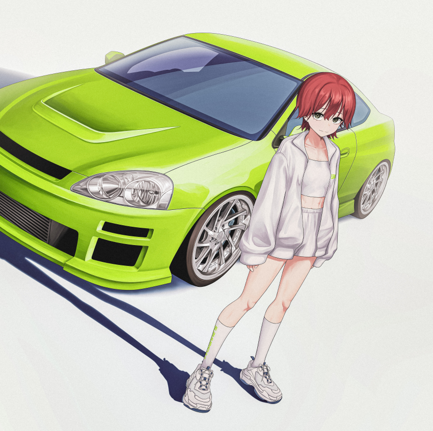 1girl abs absurdres bokuya car closed_mouth commentary english_commentary green_car green_eyes highres honda honda_integra jacket kneehighs motor_vehicle open_clothes open_jacket original red_hair shoes short_hair simple_background sleeves_past_wrists smile sneakers socks sports_car standing white_background white_footwear white_jacket white_socks
