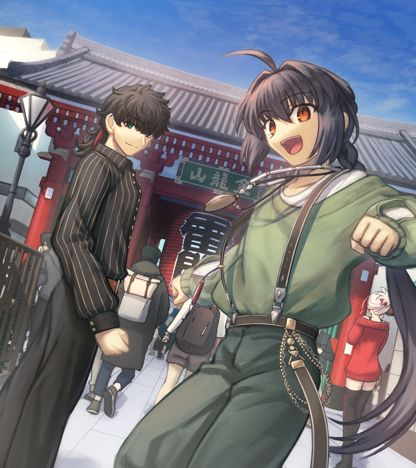 1girl 2boys belt black_pants black_pantyhose blue_sky braid braided_ponytail coat collared_shirt fate/grand_order fate/samurai_remnant fate_(series) green_coat hair_between_eyes hair_bun hairband highres japanese_clothes jewelry kaminarimon lamppost lantern long_sleeves looking_at_another miyamoto_iori_(fate) miyamoto_musashi_(fate) multiple_boys necklace open_mouth orange_eyes outdoors pants pantyhose pink_hair ponytail red_sweater shirt shoori_(migiha) sky sweater takeuchi_takashi_(style) topknot yamato_takeru_(fate)