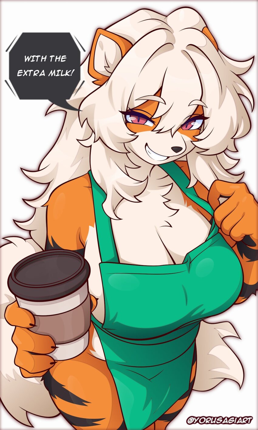 1girl animal_ears apron arcanine artist_name breasts cleavage cup disposable_coffee_cup disposable_cup furry furry_female gen_1_pokemon grin highres holding holding_cup large_breasts long_hair looking_at_viewer naked_apron nintendo parted_lips pokemon pokemon_(creature) purple_eyes simple_background smile solo tail teeth white_background white_hair yorusagiart