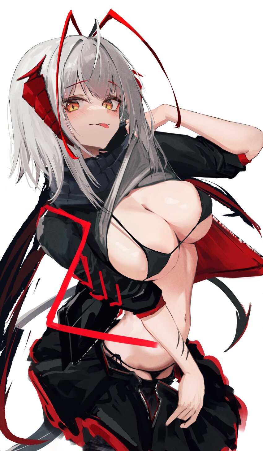 1girl :p absurdres ahoge antenna_hair arknights bikini bikini_under_clothes black_bikini black_jacket black_scarf black_skirt blush breasts cleavage clothes_lift clothes_pull commentary cowboy_shot demon_horns demon_tail grey_hair grey_shirt hair_intakes highres horns jacket large_breasts lifting_own_clothes looking_at_viewer medium_hair miniskirt multicolored_hair navel nekomatamago open_clothes open_jacket open_skirt orange_eyes pulling_own_clothes red_hair scar scar_on_arm scarf shirt shirt_lift simple_background skirt skirt_pull smile solo standing string_bikini swimsuit tail tongue tongue_out two-sided_fabric two-sided_jacket two-tone_hair w_(arknights) white_background