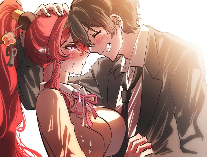 1boy 1girl black_hair blush closed_eyes crying dstscq from_side long_hair male_rover_(wuthering_waves) pout purple_eyes red_hair rover_(wuthering_waves) smile streaming_tears tears upper_body wuthering_waves yinlin_(wuthering_waves)