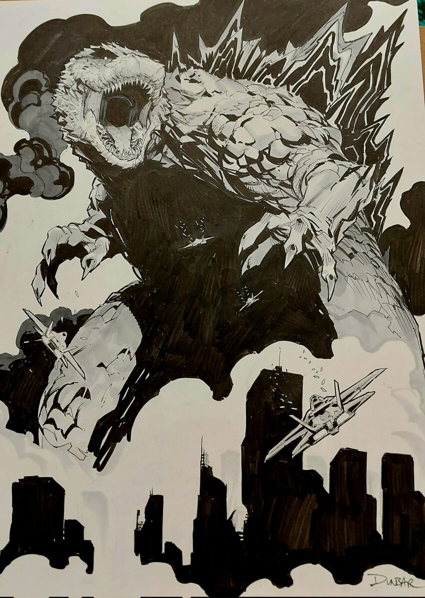 aircraft airplane artist_name cityscape commentary commission english_commentary f-15_eagle fighter_jet firing godzilla godzilla_(series) greyscale highres max_dunbar military_vehicle monochrome no_humans scales sharp_teeth teeth toho