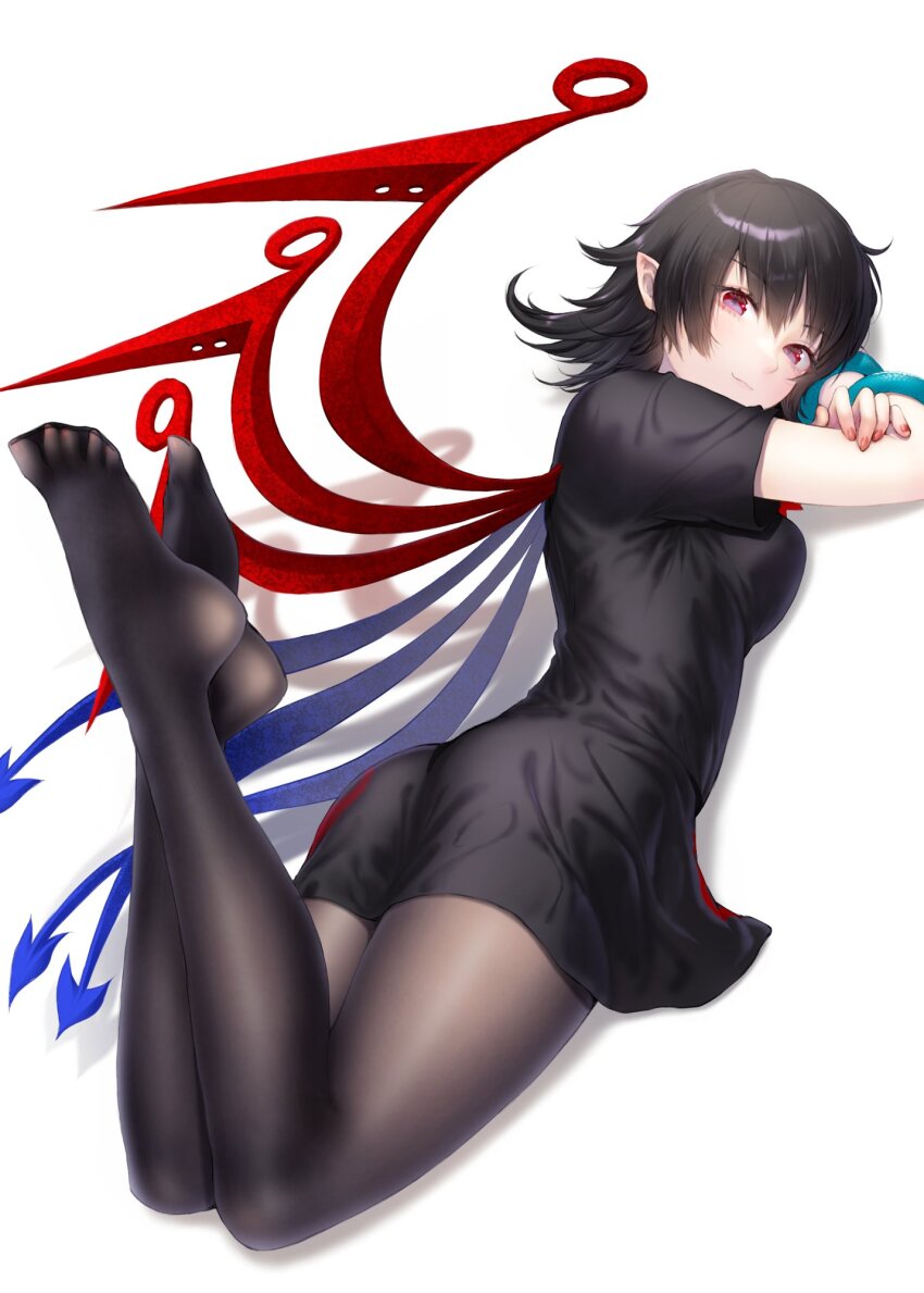 1girl ass asymmetrical_wings black_dress black_hair black_pantyhose blue_wings bow bowtie breasts commentary_request dress feet highres houjuu_nue kageharu lying medium_breasts no_shoes nue_day on_stomach pantyhose pointy_ears red_bow red_bowtie red_eyes red_wings short_hair simple_background solo toes touhou white_background wings