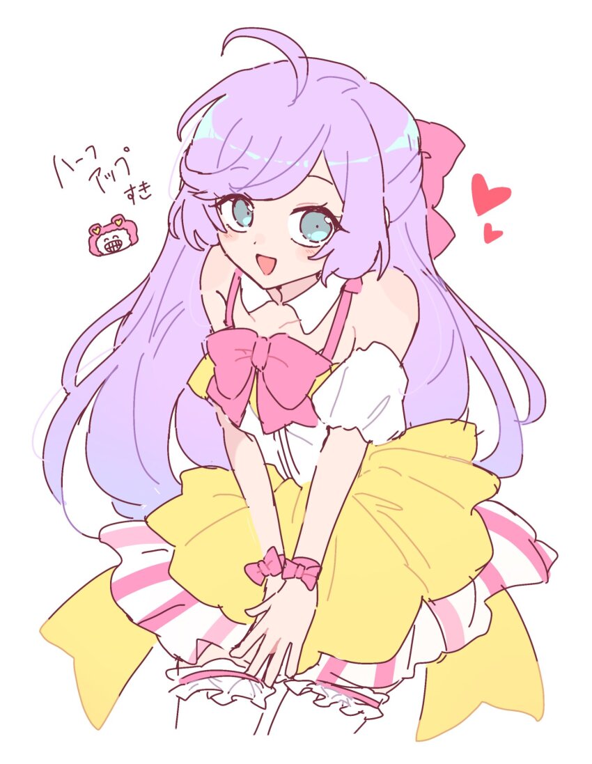 1girl :d ahoge bare_shoulders blush bow coattails commentary_request detached_collar detached_sleeves dress frilled_thighhighs frills hair_bow hair_down heart highres kuma_(pripara) layered_skirt long_hair looking_at_viewer manaka_laala multicolored_dress nojima_minami open_mouth pink_bow pretty_series pripara puffy_detached_sleeves puffy_sleeves purple_hair short_dress simple_background skirt sleeveless sleeveless_dress smile solo thighhighs translation_request v_arms very_long_hair white_background white_sleeves white_thighhighs