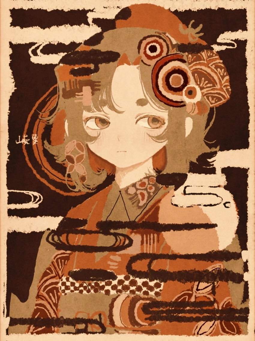 1girl analogous_colors black_background border brown_eyes brown_hair brown_kimono closed_mouth cloud colored_inner_hair curtained_hair expressionless eye_hair_ornament half-closed_eyes hat highres japanese_clothes kimono limited_palette looking_to_the_side multicolored_hair no_lineart original print_collar red_hat ripples short_eyebrows sideways_glance signature solo upper_body wasabi_natsume wing_collar yellow_border