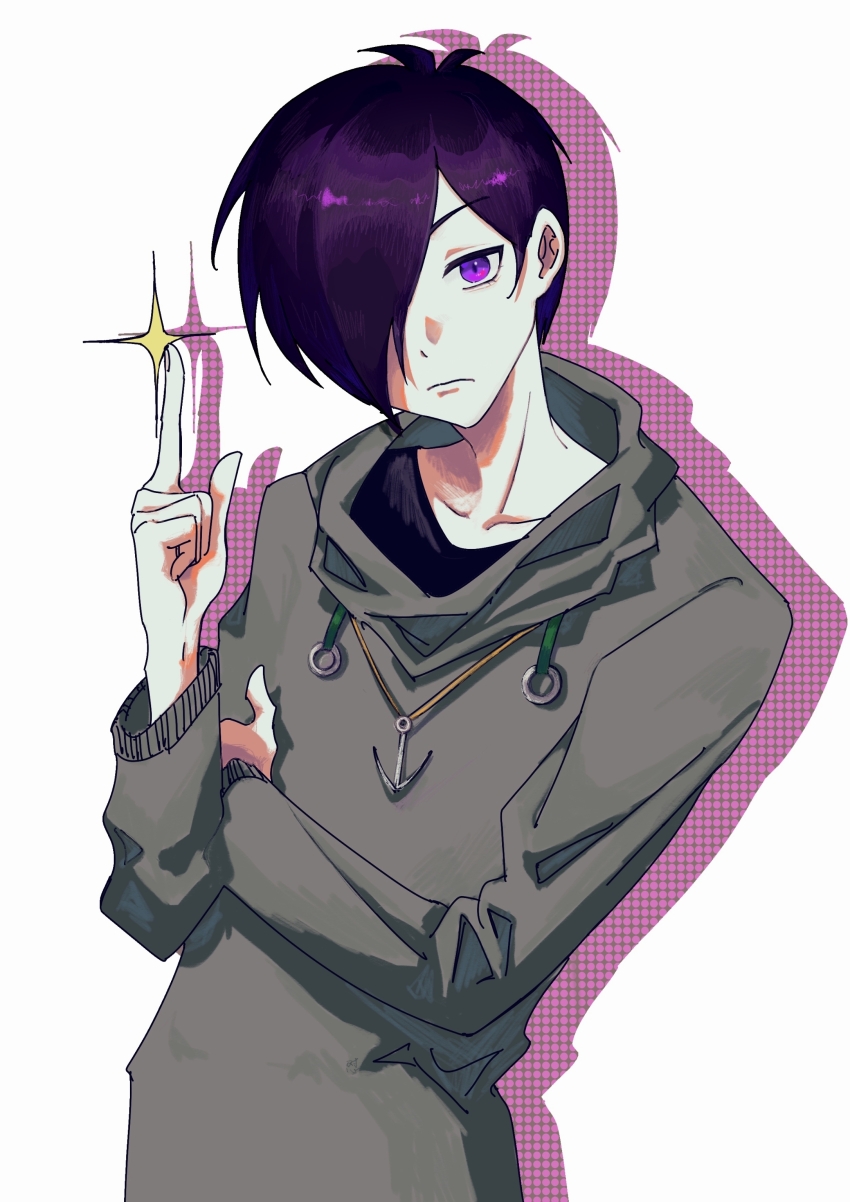 1boy absurdres aiba_ibuki anchor_necklace black_shirt chinese_commentary closed_mouth commentary_request drawstring drop_shadow frown green_hoodie hair_over_one_eye hand_up highres hood hood_down hoodie index_finger_raised jewelry long_sleeves male_focus necklace purple_eyes purple_hair saibou_shinkyoku shiabaiya shirt simple_background solo sparkle upper_body white_background