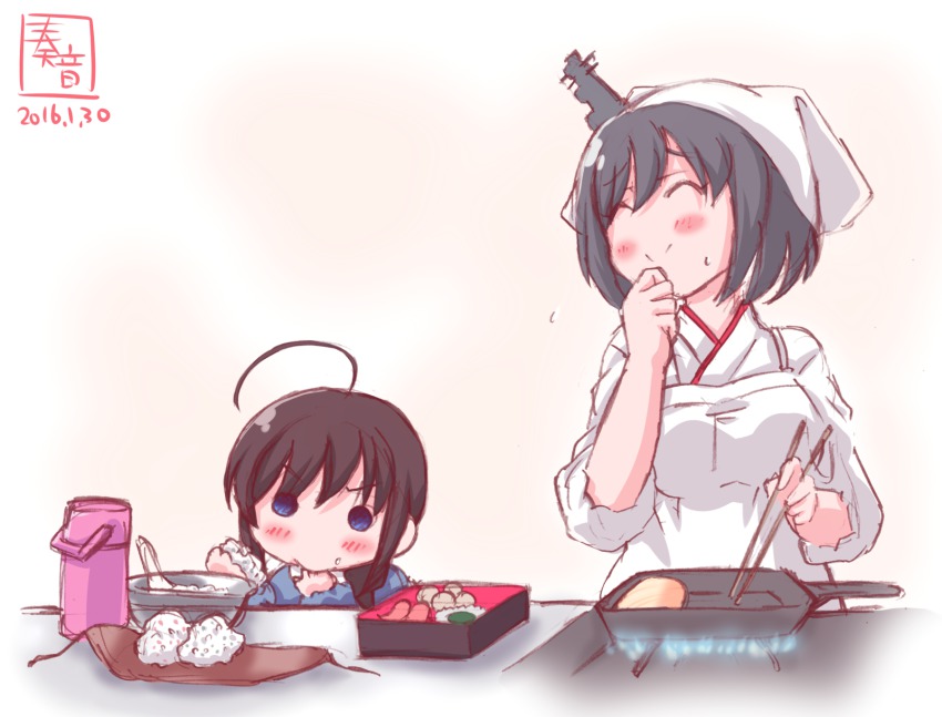 10s 2girls aged_down ahoge apron artist_logo bento black_hair blue_eyes blush braid brown_hair chopsticks closed_eyes commentary_request cooking dated eating fire food food_on_face frying_pan hair_ornament hair_over_shoulder hand_to_own_mouth headscarf highres japanese_clothes kanon_(kurogane_knights) kantai_collection kappougi logo makiyakinabe multiple_girls omelet onigiri shigure_(kancolle) short_hair single_braid smile tamagoyaki tenugui thermos white_headscarf yamashiro_(kancolle)