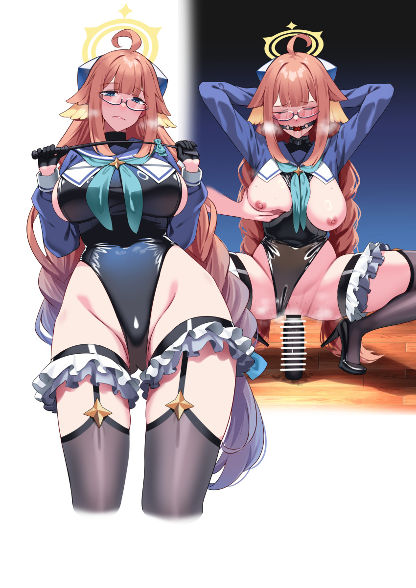 1girl absurdres ball_gag bar_censor black_gloves black_leotard blue_archive blue_eyes blue_shrug braid braided_twintails breasts breasts_out censored dildo dildo_riding feather_hair female_masturbation gag gagged gloves half_gloves halo hiememiko highres holding holding_riding_crop large_breasts leotard long_hair masturbation nipples object_insertion official_alternate_costume orange_hair pussy riding_crop sex_toy shimiko_(blue_archive) shimiko_(magical)_(blue_archive) shrug_(clothing) spread_legs squatting suction_cup_dildo super_highleg twin_braids vaginal vaginal_object_insertion very_long_hair yellow_halo