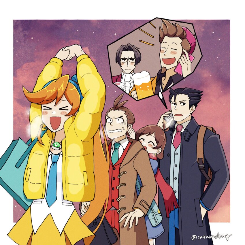 &gt;_&lt; 2girls 4boys :d ^_^ ace_attorney apollo_justice apollo_justice:_ace_attorney arms_up ascot athena_cykes bag beard beer_mug beret black_coat black_hair black_shirt blue_bag blue_hairband blue_necktie blue_pants blush brown_coat brown_hair caramelrag cellphone closed_eyes coat collared_shirt cup facial_hair frown glasses grey_vest hairband hat highres holding holding_bag holding_cup holding_phone jacket larry_butz long_hair miles_edgeworth mug multiple_boys multiple_girls necktie open_mouth orange_hair pants phoenix_wright phone pink_headwear red_necktie red_pants red_scarf red_vest scarf shirt short_hair skirt smile speech_bubble spiked_hair sweatdrop trucy_wright twitter_username v-shaped_eyebrows vest white_ascot white_shirt yellow_jacket yellow_skirt