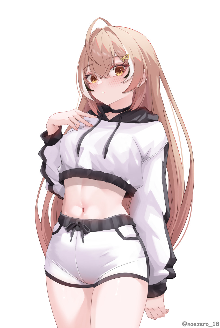 1girl ahoge alternate_costume black_choker black_hair blush brown_eyes brown_hair choker commentary cropped_hoodie crossed_bangs double-parted_bangs drawstring hair_between_eyes hand_up highres hololive hololive_english hood hoodie long_hair looking_at_viewer midriff multicolored_hair nanashi_mumei navel noeee parted_lips short_shorts shorts simple_background solo streaked_hair very_long_hair virtual_youtuber white_background white_hair white_hoodie white_shorts
