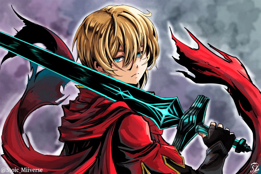 1boy blonde_hair cape commentary english_commentary fingerless_gloves frown gloves green_eyes highres holding holding_sword holding_weapon long_sleeves looking_at_viewer looking_back male_focus over_shoulder radiant_historia scarf serious short_hair stocke stoic_seraphim sword weapon weapon_over_shoulder