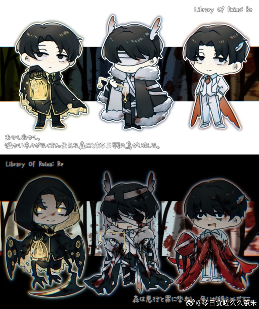 3boys bandages bandages_over_eyes beak_(e.g.o) big_bird_(project_moon) birdcage black_cape black_cloak black_eyes black_hair black_sclera blood blood_from_mouth cage cape claws cloak closed_mouth colored_sclera e.g.o_(project_moon) harpy_boy head_wings highres holding holding_cage holding_lantern judgement_bird justitia_(e.g.o) lamp_(e.g.o) lantern library_of_ruina looking_at_viewer monster_boy multiple_boys multiple_persona open_mouth pants project_moon punishing_bird roland_(project_moon) smile white_pants wings yellow_eyes zhizhangertongbaitang