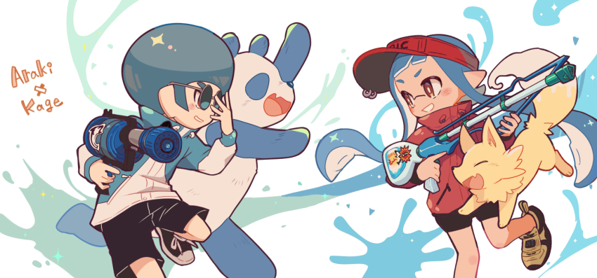 1boy 1girl adjusting_eyewear afro black_footwear black_shorts blue-tinted_eyewear blue_hair blue_jacket bright_pupils brown_eyes commentary_request fox grin h-3_nozzlenose_(splatoon) hat holding holding_weapon inkling inkling_girl inkling_player_character jacket long_hair long_sleeves multicolored_jacket nintendo octoling octoling_boy octoling_player_character panda pointy_ears rechain red_eyes red_hat red_jacket round_eyewear shoes shorts smile sneakers splatoon_(series) splatter_background squiffer_(splatoon) sunglasses tentacle_hair thick_eyebrows tinted_eyewear twintails two-tone_jacket visor_cap weapon white_background white_jacket white_pupils yellow_shoes