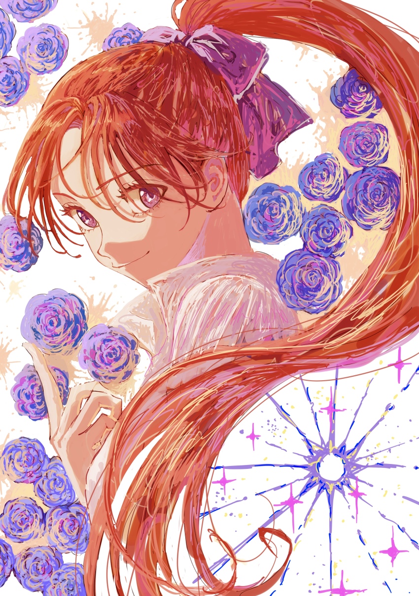 1girl absurdres blue_flower blue_rose collared_shirt commentary_request edaori flower grey_eyes highres long_hair looking_at_viewer original ponytail red_hair rose shirt smile solo upper_body white_shirt