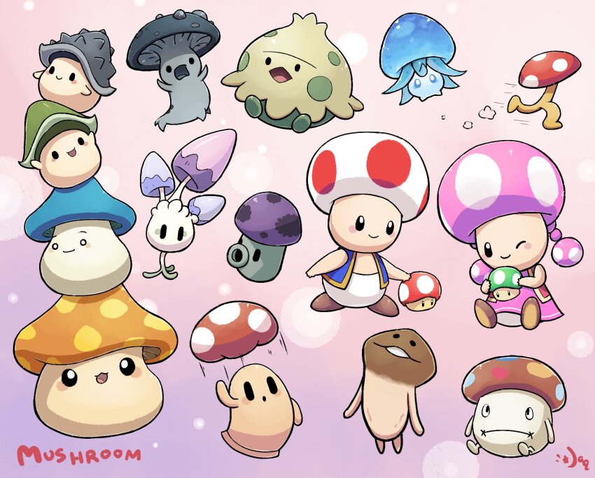 1-up_mushroom 1boy 1girl :3 :d :o annotation_request aquabluu artist_name black_eyes blue_eyes blue_vest blush blush_stickers brown_footwear cappy_(kirby) character_request closed_mouth commentary dress english_commentary english_text fungi_(genshin_impact) gen_3_pokemon gen_7_pokemon genshin_impact gradient_background highres holding hollow_eyes hollow_knight kirby_(series) maplestory mario_(series) morelull mother_(series) motion_lines mushroom nameko_(osawari_tantei) nintendo o_o on_head one_eye_closed open_clothes open_mouth open_vest orange_mushroom_(maplestory) osawari_tantei pink_background pink_dress plants_vs._zombies pokemon pokemon_(creature) puff-shroom_(plants_vs._zombies) purple_background ramblin&#039;_evil_mushroom red_toad_(mario) red_vest running shoes shroomish shrumal_warrior_(hollow_knight) signature simple_background sitting sleeveless sleeveless_dress smile solid_circle_eyes solid_oval_eyes speed_lines stack standing super_mushroom toad_(mario) toadette vest